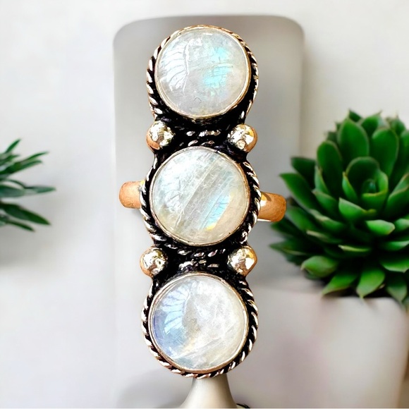 925 Sterling Silver and Triple Natural Rainbow Moonstone Ring - Picture 8 of 13